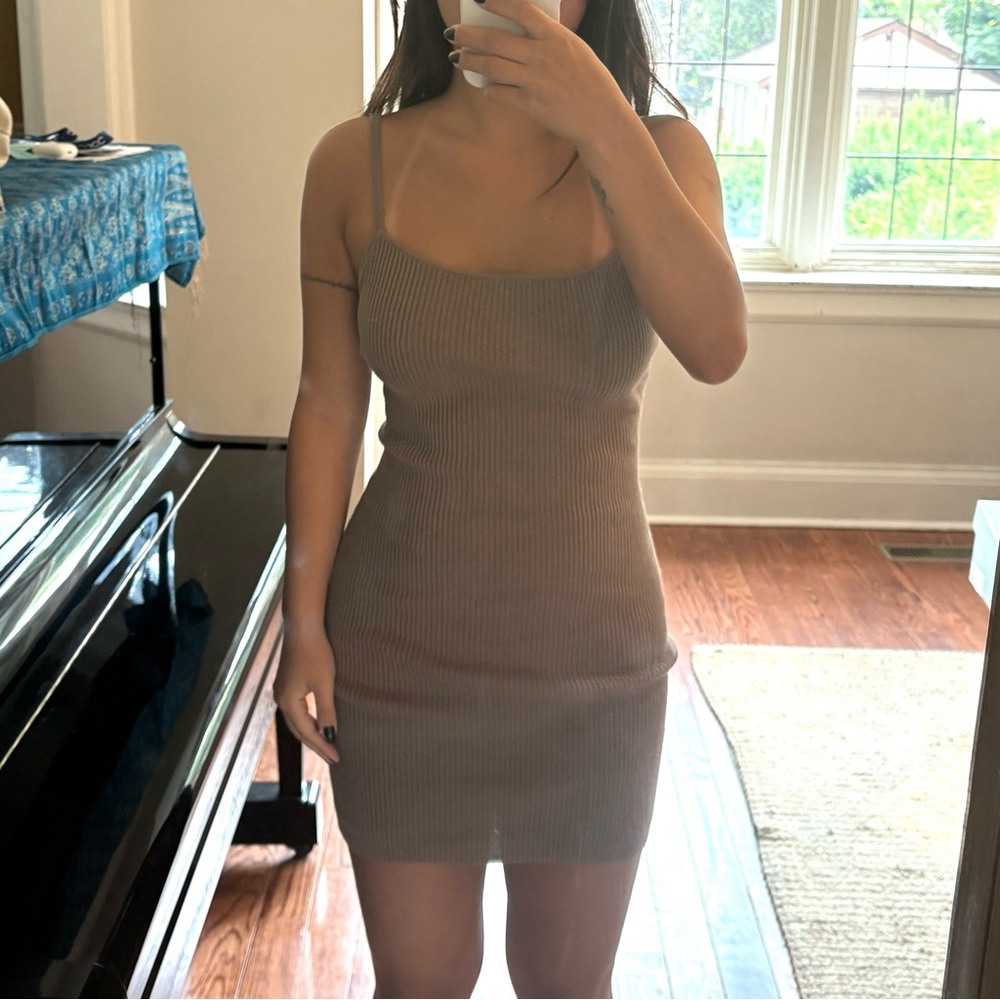 Bec + Bridge Taupe Brown Ribbed Mini Dress